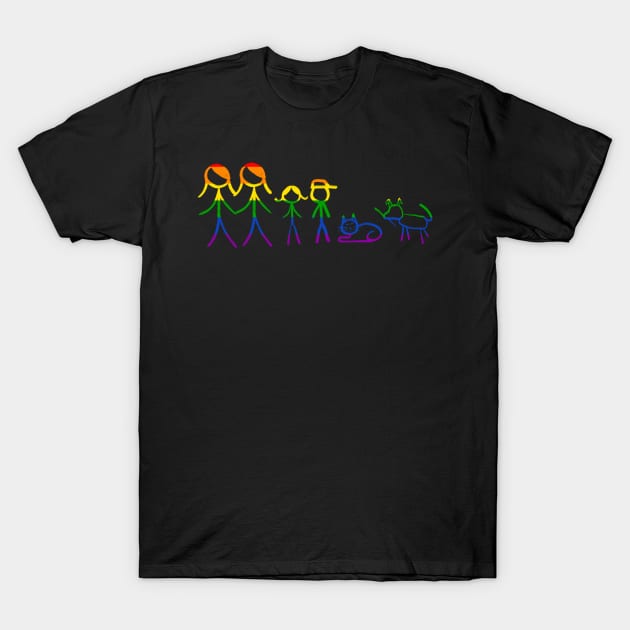 Lesbian family in rainbow colors, with children, cat and dog T-Shirt by WelshDesigns